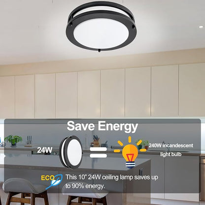 10inch LED Flush Mount Ceiling Light Fixture Dimmable Matte Black, Easy Install LED Ceiling Lamp Fixture Without Flicker, Super Bright 24W 2400LM 5000K 2-Pack
