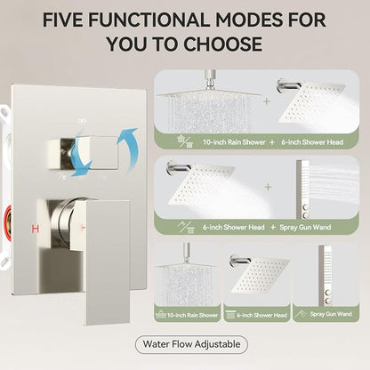 Shower Faucet Set Brushed Nickel Shower System,Bostingner Five Function Diverter Shower Faucet with 2 in 1 Handheld,10'' Ceiling Mount and 6’‘ Wall Mount Shower Head Rainfall Shower Set with Valve