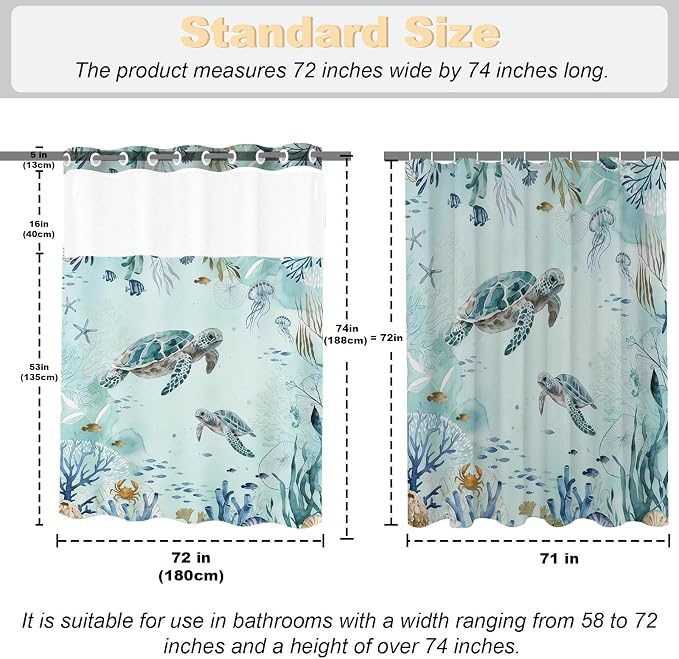 Modern Ocean Cute No Hook Shower Curtain Sea Turtle Luxury Nautical Coral | Animal No Hook Shower Curtain with Snap in Liner, Waterproof Ringless Shower Curtains for Bathroom 72x74 Inch Blue