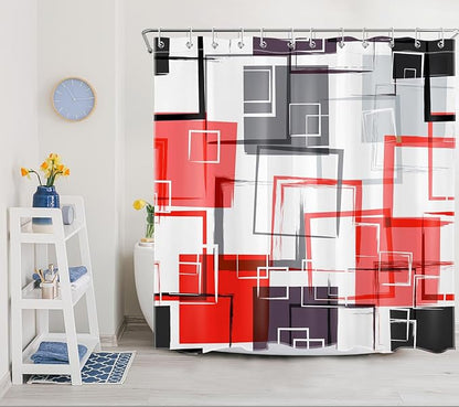 Red Geometric Modern Shower Curtain for Bathroom Decor,Grey Black and White Abstract Striped Shower Curtain with Hooks Mid Century Minimalist Bathroom Shower Curtain Set,78L X 72W inches