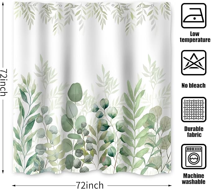 Sage Green Eucalyptus Shower Curtain Leaf Plant Herbs Spring Nature Waterproof Fabric Machine Washable with Hooks for Bathroom Bathtub 72x72