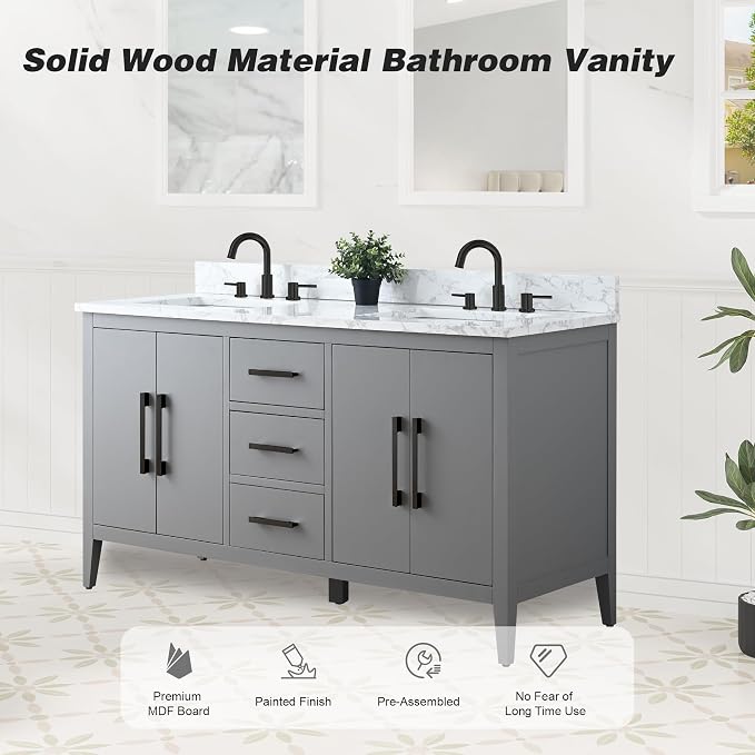 60 Inch Bathroom Vanity with Sink & Ceramic Top, Double Vanity Cabinet with Basin, Soft-Closing Doors & Matte Black Hardware, Grey