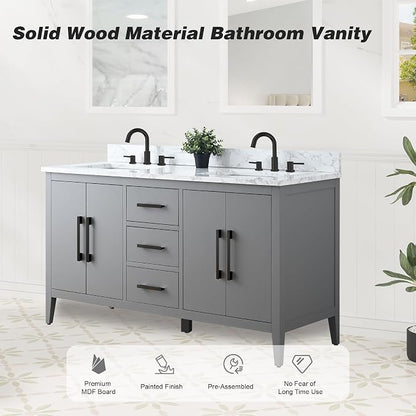 60 Inch Bathroom Vanity with Sink & Ceramic Top, Double Vanity Cabinet with Basin, Soft-Closing Doors & Matte Black Hardware, Grey