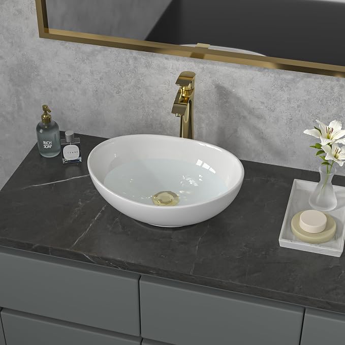 Sarlai Oval Vessel Sink - 16"x13" Bathroom Sink Oval Shape Above Counter White Porcelain Ceramic Bathroom Vessel Vanity Sink Art Basin