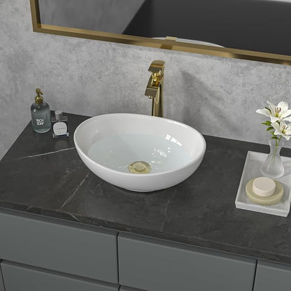 Sarlai Oval Vessel Sink - 16"x13" Bathroom Sink Oval Shape Above Counter White Porcelain Ceramic Bathroom Vessel Vanity Sink Art Basin