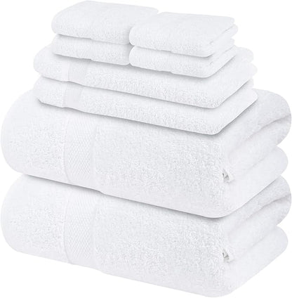 Infinitee Xclusives Luxury 100% Cotton Towel Set – 8 Piece Bathroom Towel Set (2 Bath Towels, 2 Hand Towels, 4 Washcloths) – Soft & Absorbent Towels for Bathroom (Brilliant White)