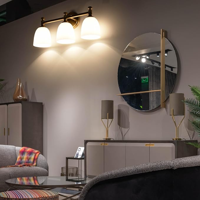 Gold Bathroom Vanity Light, 3-Light Bathroom Light Fixtures Over Mirror, Traditional Vanity Lights for Living Room, Milk White Bell Glass Shades, Standard E26 Base, Aged Brass