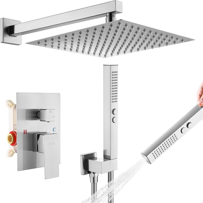 Rain Shower System, 12''Rain Head,2-Spray Handheld,Brushed Nickel | 2 Spray Functions,Anti-Tangle Explosion-proof PVD Hose,Balance Temp Valve,Rust-proof & Scratch-resistant