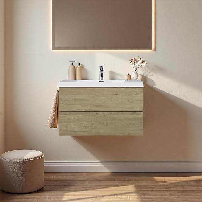 Floating Bathroom Vanity with Sink, 36" Wall-Mounted Bathroom Storage Cabinet with Resin Countertop & 2 Soft Close Drawers, Modern Stylish Vanity with Open Back Design, Easy to Clean, Oak