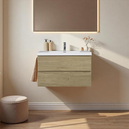 Floating Bathroom Vanity with Sink, 36" Wall-Mounted Bathroom Storage Cabinet with Resin Countertop & 2 Soft Close Drawers, Modern Stylish Vanity with Open Back Design, Easy to Clean, Oak