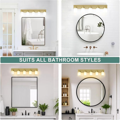 IZORRO Bathroom Vanity Light Fixture, 5-Light 36 Inch Gold Bathroom Light Fixtures Over Mirror, with White Glass Shade, Modern Farmhouse Vanity Lights, Rustic Restroom Lighting Fixtures