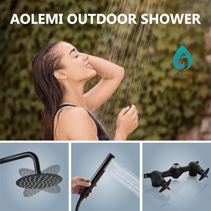 Aolemi Outdoor Shower Kit,8 Inch Rain Head and Handheld,Matte Black | 2-Handle Hot and Cold Control, Adjustable Height, 6-Inch Center Valve, 59-Inch Hose, Winter Drainage Outdoor Shower Fixtures