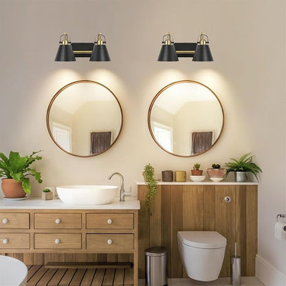 2-Lights Black and Gold Vanity Light, Farmhouse Vanity Light with Rotatable Hammered Shade, Bathroom Light Fixtures Over Mirror, Modern Wall Sconces for Bath Mirror Bedroom Living Room Stair Hallway