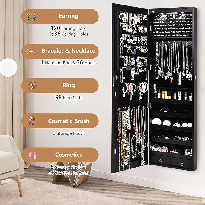 Moccha Wall Door Jewelry Armoire, Full Screen Jewelry Cabinet for Bedroom, Lockable Jewelry Cabinet, Jewelry Organizer Storage with 2 LED Lights and 2 Drawers, Black