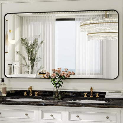 Easly 30 x 48 Inch Bathroom Mirror, Rounded Rectangular Vanity Mirror for Wall, Modern Mirror for Room Decor, Black Framed Wall-Mounted Mirrors for Home Decor, Hangs Horizontally or Vertically