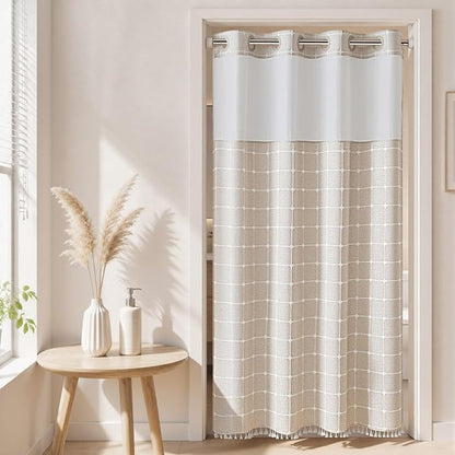 RiverDream Farmhouse No Hooks Shower Curtain with Snap-in Liner,Linen,54x80 | Snap on Fabric Liner,Heavy Duty,Quick Dry,Mesh Top Window,With Bottom Magnets,Washable,with Tassels,Stall Long Size
