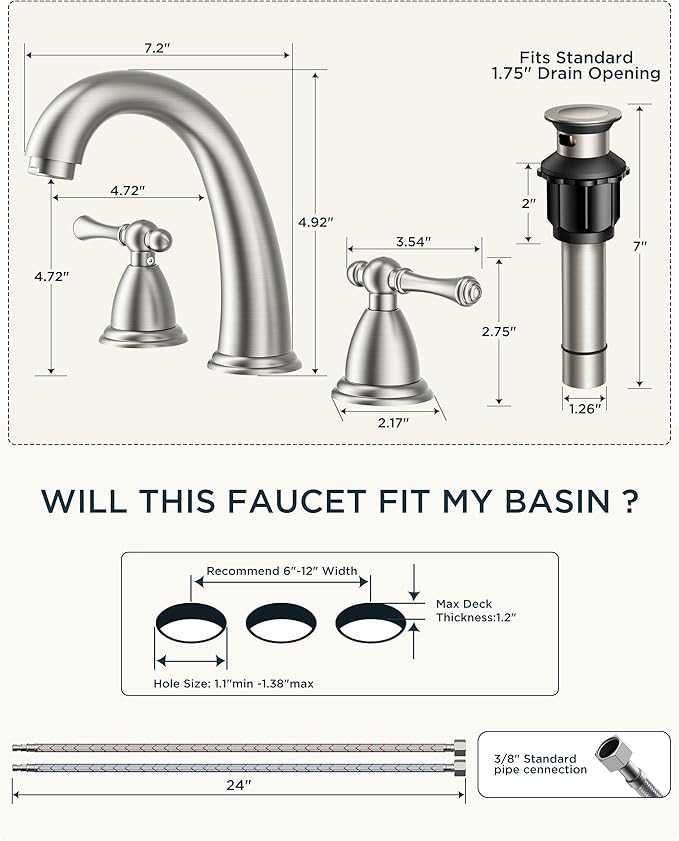 FORIOUS Bathroom Faucet 3 Hole Widespread 8" Sink Faucets Brushed Nickel | 3-hole 6-12 Inch Widespread Sink, 2 Lever Handle, with Drain and Hoses,for Vanity Rv Commercial Lavatory Restroom Farmhouse