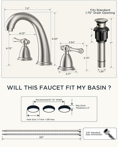 FORIOUS Bathroom Faucet 3 Hole Widespread 8" Sink Faucets Brushed Nickel | 3-hole 6-12 Inch Widespread Sink, 2 Lever Handle, with Drain and Hoses,for Vanity Rv Commercial Lavatory Restroom Farmhouse