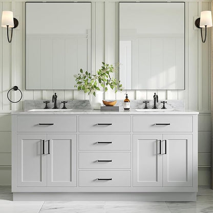 ARIEL Hepburn 72-inch Bathroom Vanity with Sink,Solid Wood, 0.75-inch Italian Carrara Marble Countertop, Double Rectangular Porcelain Sink, 4 Soft Closing Doors, 6 Dovetail Drawers, Grey