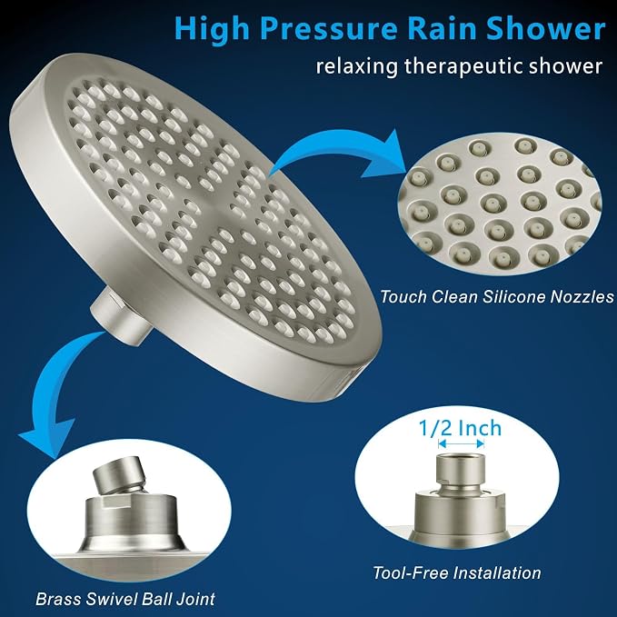 Voolan High Pressure Rain Shower Head, 6" Pressure-Boosting, Ideal for Replacement Fixed Bathroom Showerheads, Easy to Install, Renter-Friendly (Brushed Nickel)