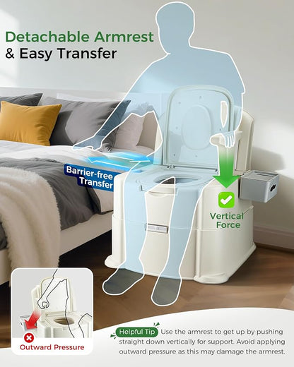 Bedside Commode, 500lbs Heavy Duty & Upgraded Commode Toilet Potty Chair, Portable Camping Toilet, Detachable Armrests, Automatic LED Light, 2-Level Height, 3 Rolls of Commode Liners 【Brown】