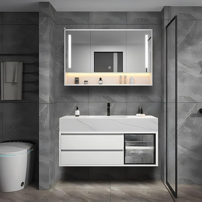 40" Floating Bathroom Vanity,Bathroom Vanity with Sink Set Includes Open LED Smart Defog Mirror Cabinet, Modern Bath Vanity with Drawers,Wall-Mounted Bathroom Vanities,White