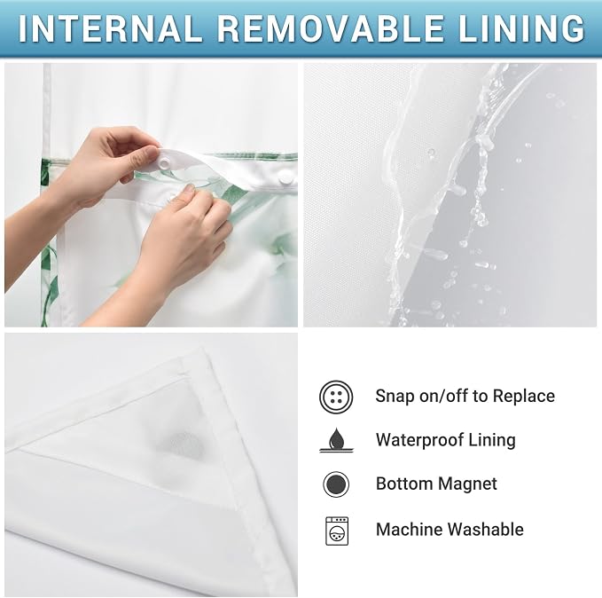 No Hook Shower Curtain with Liner, Eucalyptus Dark Green, 71x74 | Snap in Liner, 3 in 1, Water Repellent, Easy Install, Machine Washable, Hotel Style for Bathroom, Watercolor Pattern