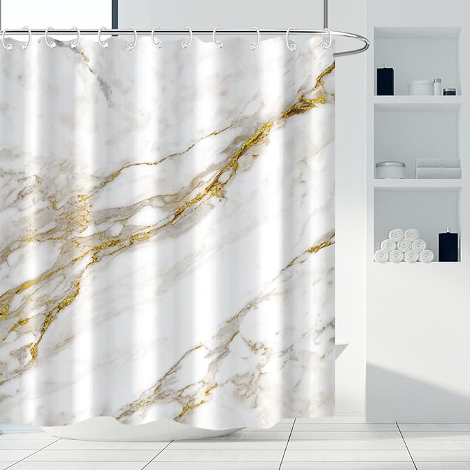 Marble Shower Curtain for Bathroom, Gold and White Shower Curtain 72x72inch | AWERT Luxury Shower Curtain Set with 12 Hooks, White and Gold Modern Marble, Waterproof & Machine Washable Fabric, Quick-Dry