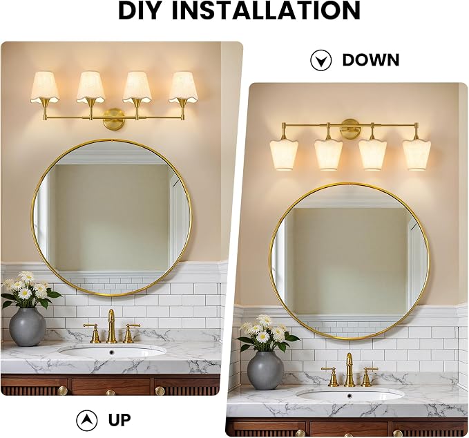 Gold Bathroom Vanity Light Fixtures: Brushed Gold Vanity Lights Over Mirror with Flared Fabric Shade, Modern Bathroom Lighting Fixtures, 4 Light Wall Sconces Lights for Bedroom Hallway Living Room