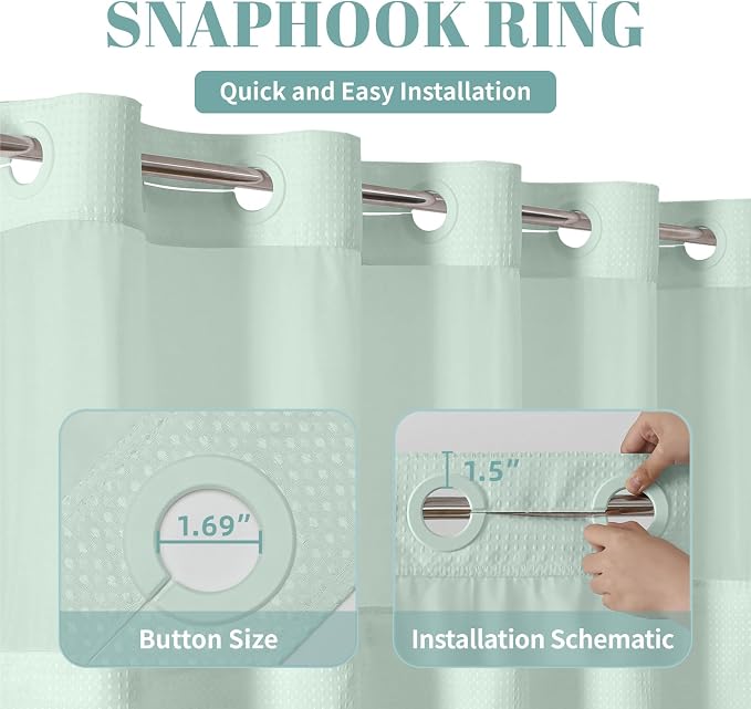 No Hook Waffle Shower Curtain with Snap-in Liner, 71x80 Inch, Mint Green | 230 GSM waffle weave fabric, waterproof liner set with 2 bottom magnets, mesh top window, washable, for bathroom or hotel use