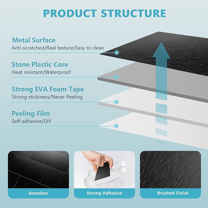 Vamos Tile 100-Piece Peel and Stick Backsplash Seamless Tile,3''x6'' Brushed Black Metal Subway Tile,Stick on Backsplash for Kitchen/Bathroom/Laundry Room
