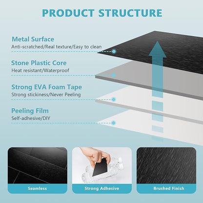 Vamos Tile 100-Piece Peel and Stick Backsplash Seamless Tile,3''x6'' Brushed Black Metal Subway Tile,Stick on Backsplash for Kitchen/Bathroom/Laundry Room