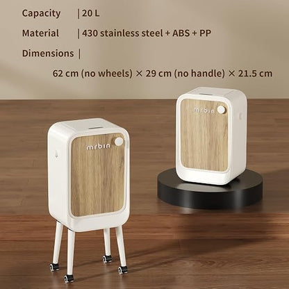 MRBIN Stainless Steel Motion Sensor Trash Can Bathroom with Butterfly Lid and Leg, 5.5 Gal Wheeled Tall Automatic Smart Waste Basket Garbage for Bedroom, Kitchen, Cream White with Walnut Pattern