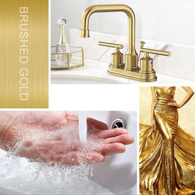 WOWOW Brushed Gold Bathroom Faucet 4 inch Bathroom Sink Faucet 3 Hole RV Sink Tap 2 Handle Vanity Taps with Drain Assembly Centerset Lavatory Mixer 360-Degree Swivel Spout