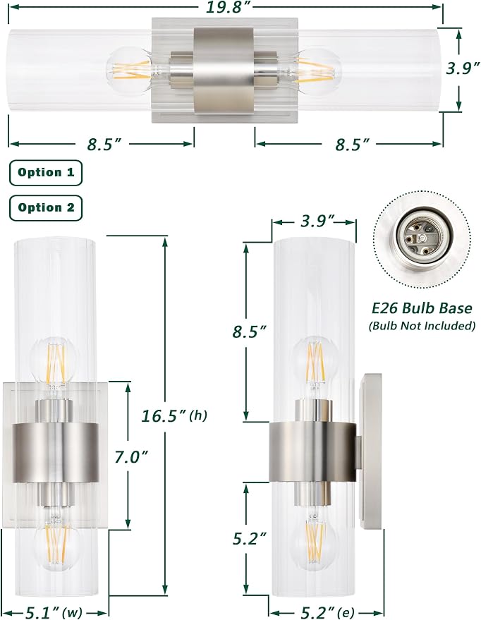 Modern Bathroom Sconces Wall Lighting with Clear Ribbed Glass, Brushed Nickel 2-Light Bathroom Vanity Light Fixtures for Mirror Living Room Hallway Bedroom