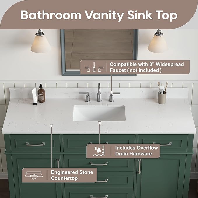 60 Inch Green Bathroom Vanity Single Sink, Fully Assembled Bathroom Vanities with Soft Closing Doors & Dovetail Drawers, Solid Wood Vanity Bathroom, 60 Inch Vanity Single Sink