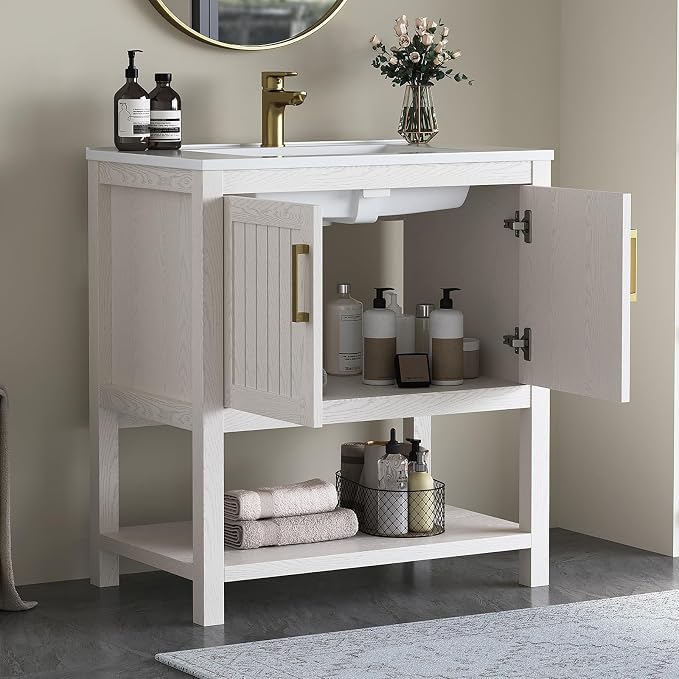 30 Inch Modern Bathroom Vanity with Sink, White | Freestanding Vanity Cabinet with Soft-Close Door, Open Storage Shelf, Gold Handles & Adjustable Feet