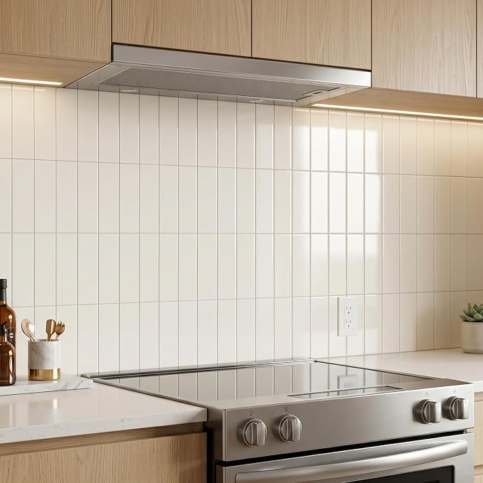 80-Piece Ivory White Thick PVC Peel and Stick Backsplash, 2" x 8" Waterproof Subway Tile Peel and Stick Wall Tiles for Kitchen and Bathroom