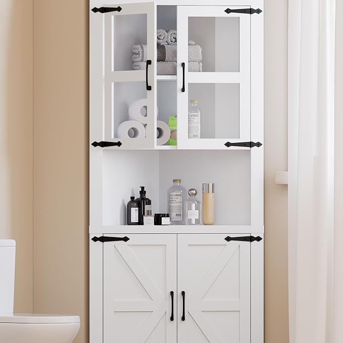 GarveeHome Tall Corner Cabinet, Farmhouse Corner Storage Cabinet with Glass Door & Adjustable Shelves, Space Saving Storage for Living Room, Kitchen, Bathroom, White