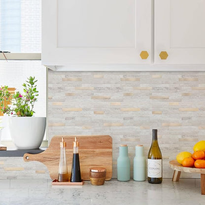 STICKGOO Peel and Stick Backsplash, PVC Wall Tiles Stick on Backsplash for Kitchen(1 Sheet, Beige with Metal Gold)