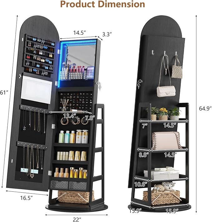 HWB Arched LED Jewelry Cabinet with Full-Length Mirror & Storage Shelves