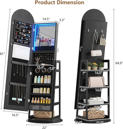 HWB Arched LED Jewelry Cabinet with Full-Length Mirror & Storage Shelves