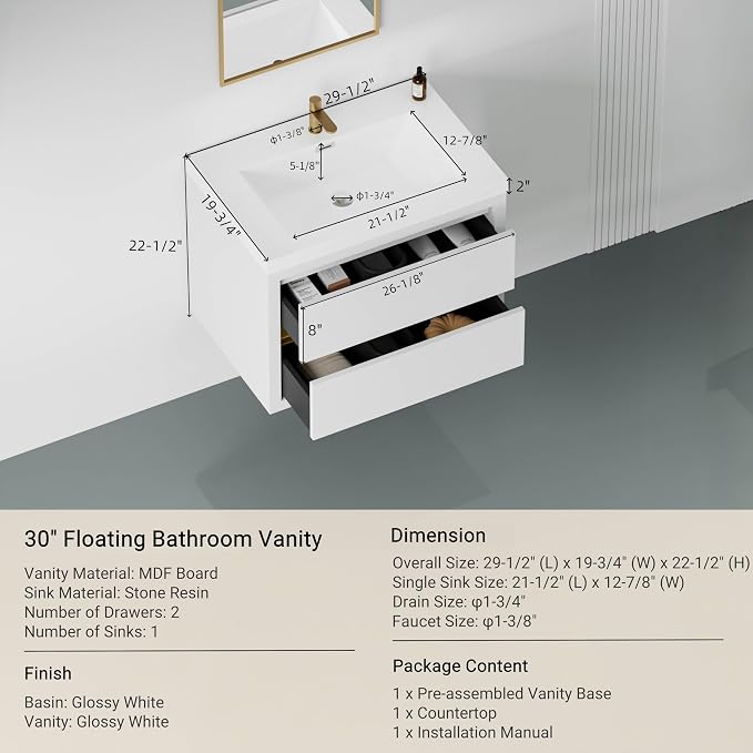 Modern 30" Wall-Mounted Bathroom Vanity with Sink | Floating Storage Cabinet, Stone Resin Countertop, Soft Close Drawers | Glossy White