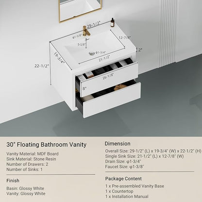 Modern 30" Wall-Mounted Bathroom Vanity with Sink | Floating Storage Cabinet, Stone Resin Countertop, Soft Close Drawers | Glossy White