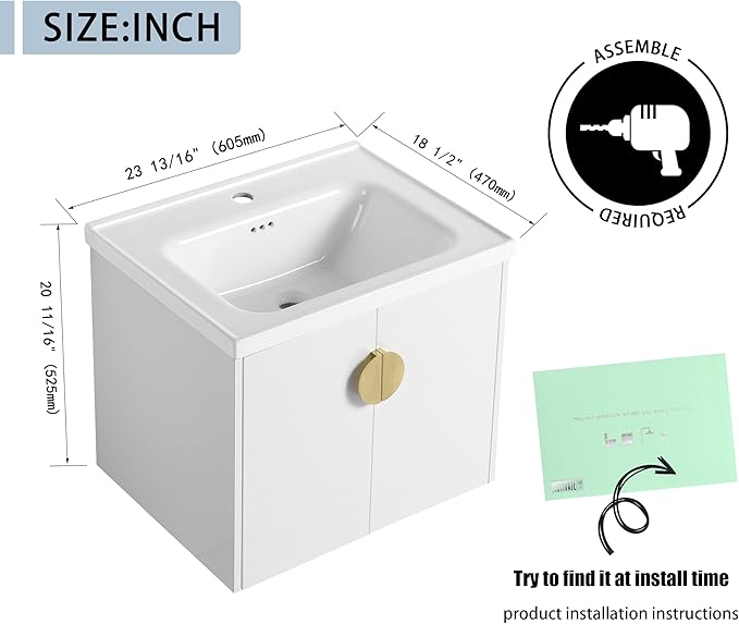 24 Inch Floating Vanity, 24" Bathroom Vanity with Sink, Single Sink Wall Mounted Vanity Combo, Modern Wall Mounted Cabinet Set with Ceramic Sink,White