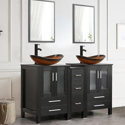 UEV 60" Double Sink Bathroom Vanity,Black Bathroom Vanity with Double Side Vanity Cabinets & Removable 3 Drawer Storage Cabinet with Vessel Sink,Mirror Not Included(029BR New)