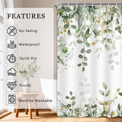 Sage Green Eucalyptus Leaves Shower Curtain, Watercolor Plants Foliage Floral Bathroom Curtains, Cottagecore Waterproof Botanical Fabric Cloth Shower Curtain Set with Hooks 72X72 Inch