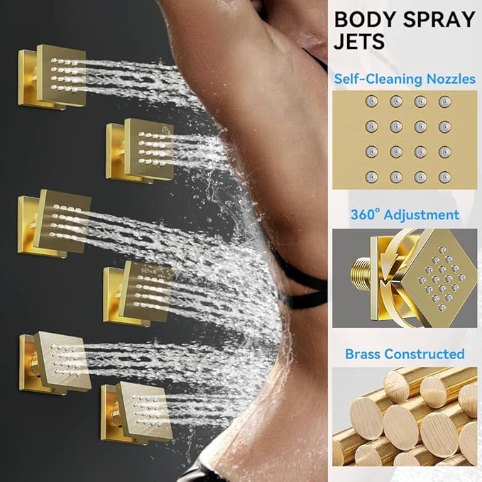Brushed Gold Shower System with Body Jets, STARBATH 12 Inch Rainfall Shower System and 2 in 1 Handheld Spray Shower Jets System in Wall, Complete Wall Mounted 3 Way Shower Faucet Set with Valve Kit