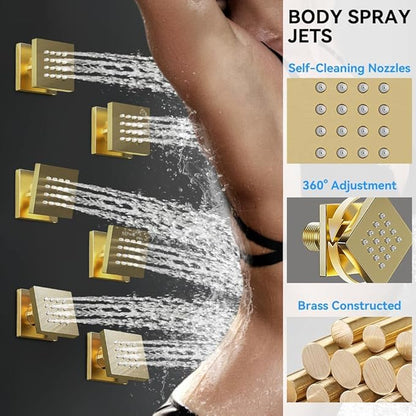 Brushed Gold Shower System with Body Jets, STARBATH 12 Inch Rainfall Shower System and 2 in 1 Handheld Spray Shower Jets System in Wall, Complete Wall Mounted 3 Way Shower Faucet Set with Valve Kit