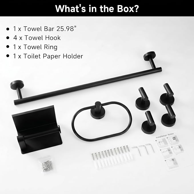 7-Piece Bathroom Hardware Accessories Set, SUS304 Towel Bar, Black | 25.9-Inch Towel Rack, Oval Towel Ring, Toilet Paper Holder with Shelf & 4 Robe Towel Hooks, Wall-Mounted Towel Holder Set